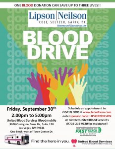 A blood drive will be hosted by the Lipson Neilson law, at its office building, on Friday, September 30, 2016 from 2:00pm -5:00pm.