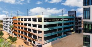 A design by Southern Nevada artist Bonnie Kelso is superimposed on garage panels at 1700 Pavilion, a new Class-A office building under development at Downtown Summerlin. Kelso’s design was chosen from 20 other submissions. Installation of the design begins in August.